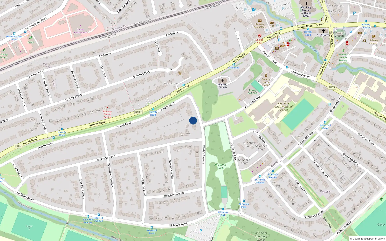 Overhead map showing the location of 4 Wade's Avenue, Dublin 5