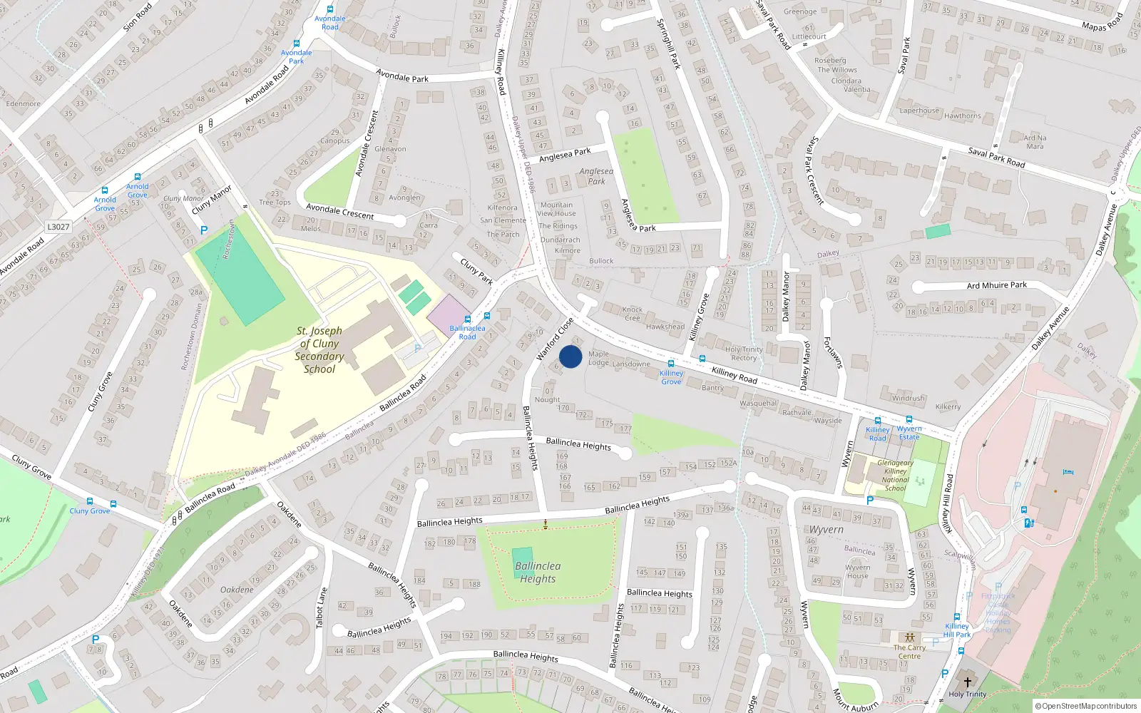 Overhead map showing the location of 4 Wanford Close, Killiney