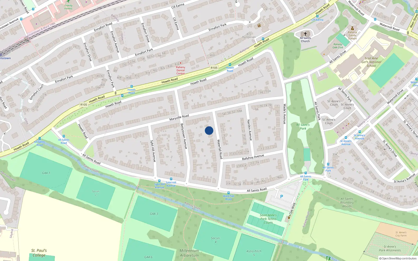 Overhead map showing the location of 4 Waterfall Road, Dublin 5
