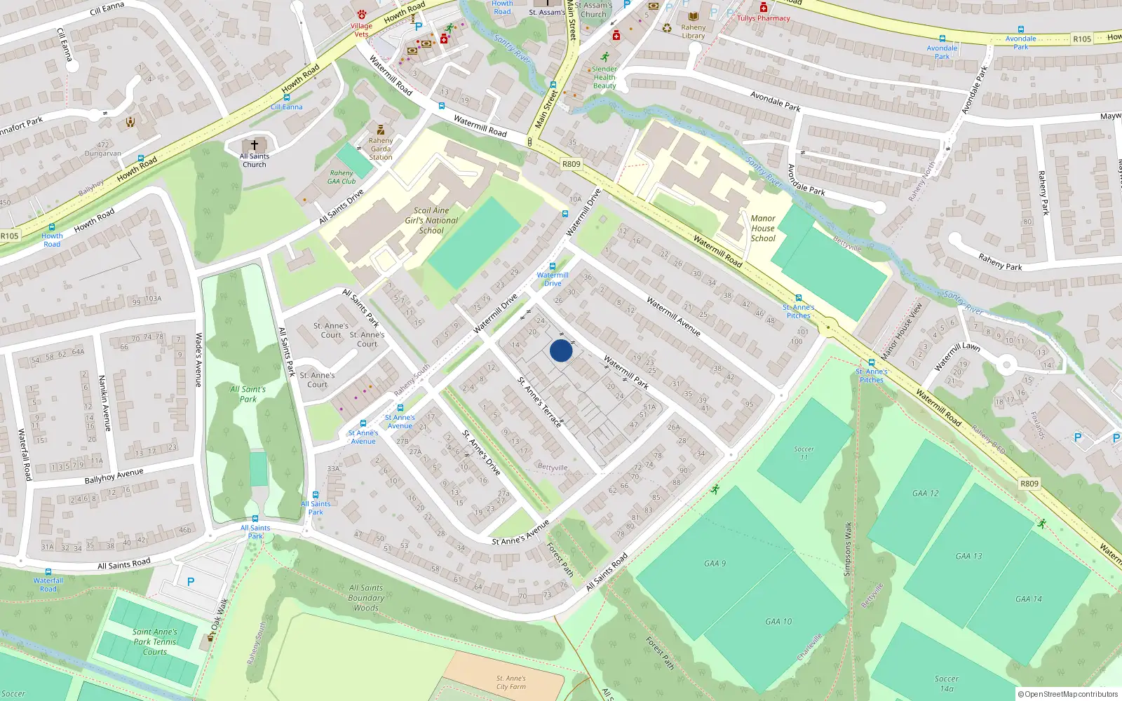 Overhead map showing the location of 4 Watermill Park, Dublin 5