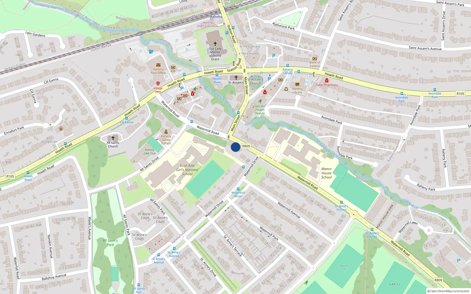 Overhead map showing the location of 4 Watermill Road, Raheny, Dublin 5