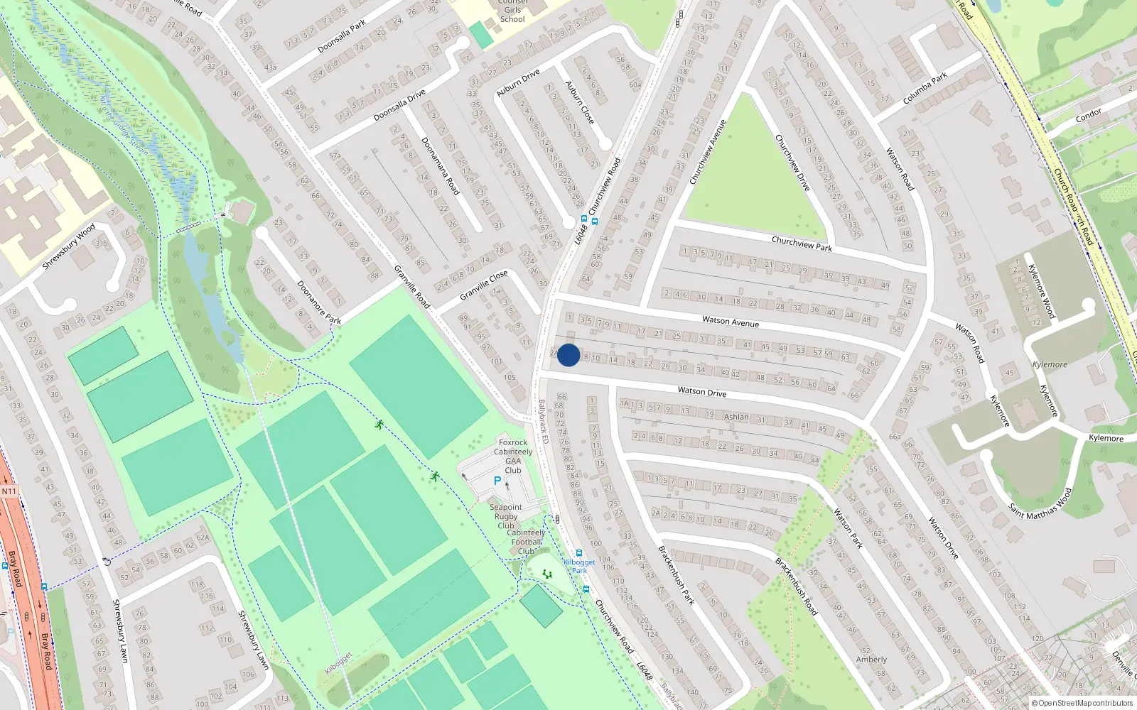 Overhead map showing the location of 4 Watson Drive, Killiney