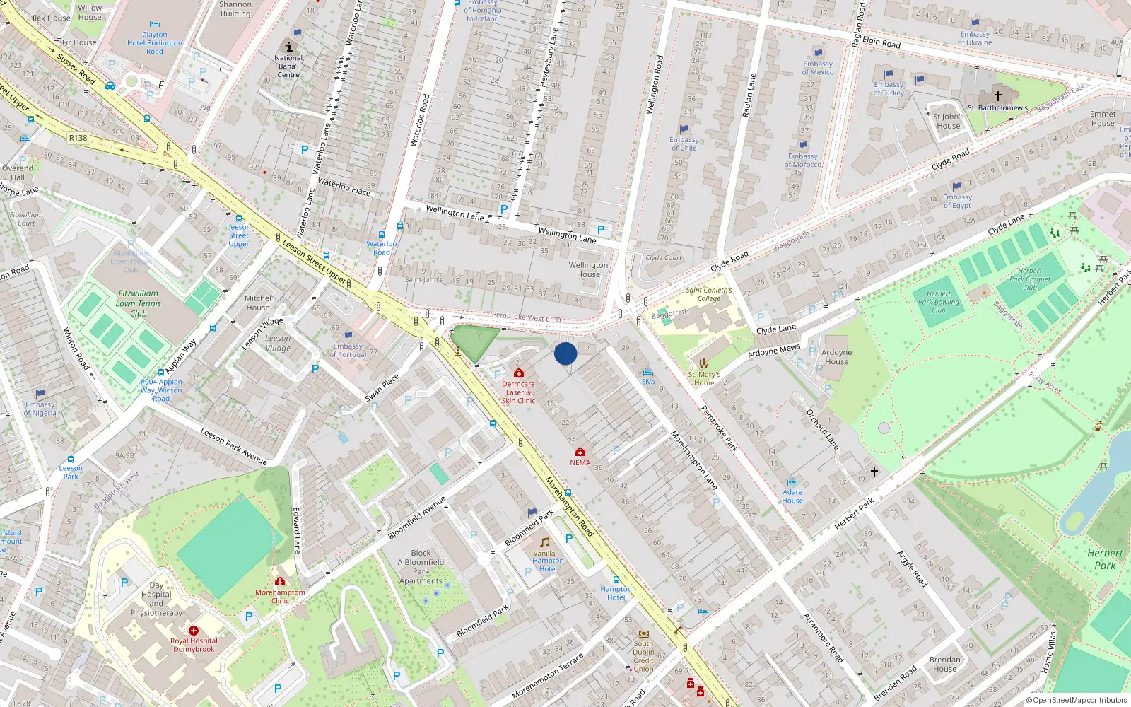 Overhead map showing the location of 4 Wellington Place, Dublin 4