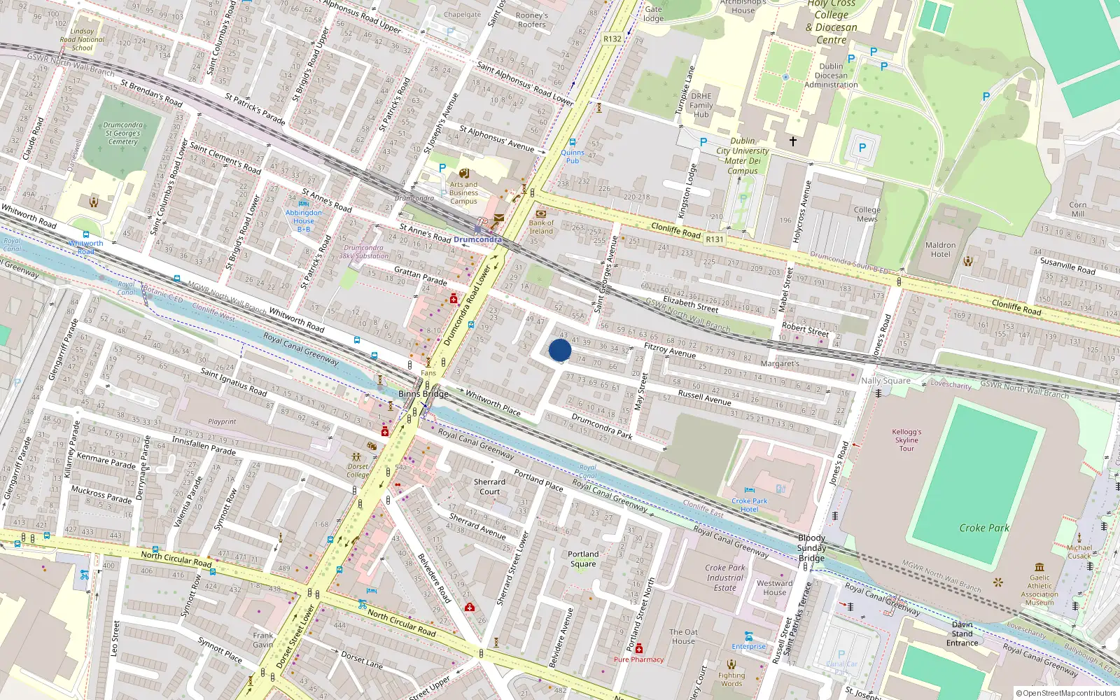 Overhead map showing the location of 4 Whitworth Terrace, Dublin 3