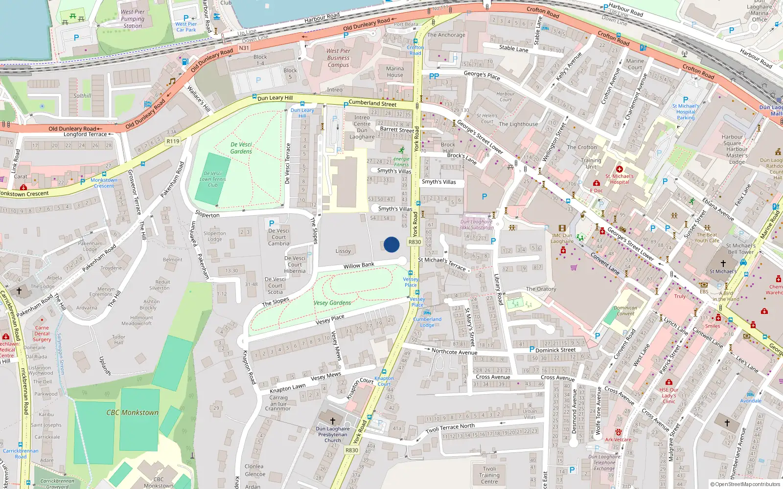 Overhead map showing the location of 4 Willowbank, The Slopes, Dunlaoghaire