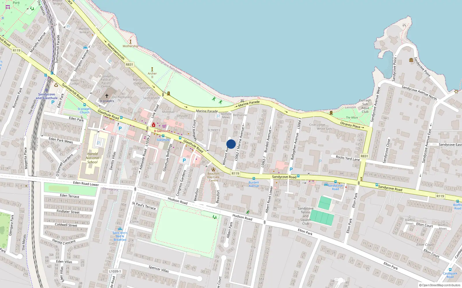 Overhead map showing the location of 4 Wilmont Avenue, Sandycove, Dublin