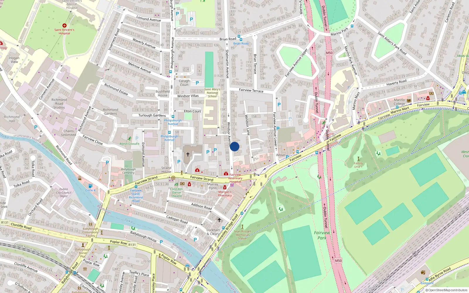 Overhead map showing the location of 4 Windsor Avenue, Fairview, Dublin 3