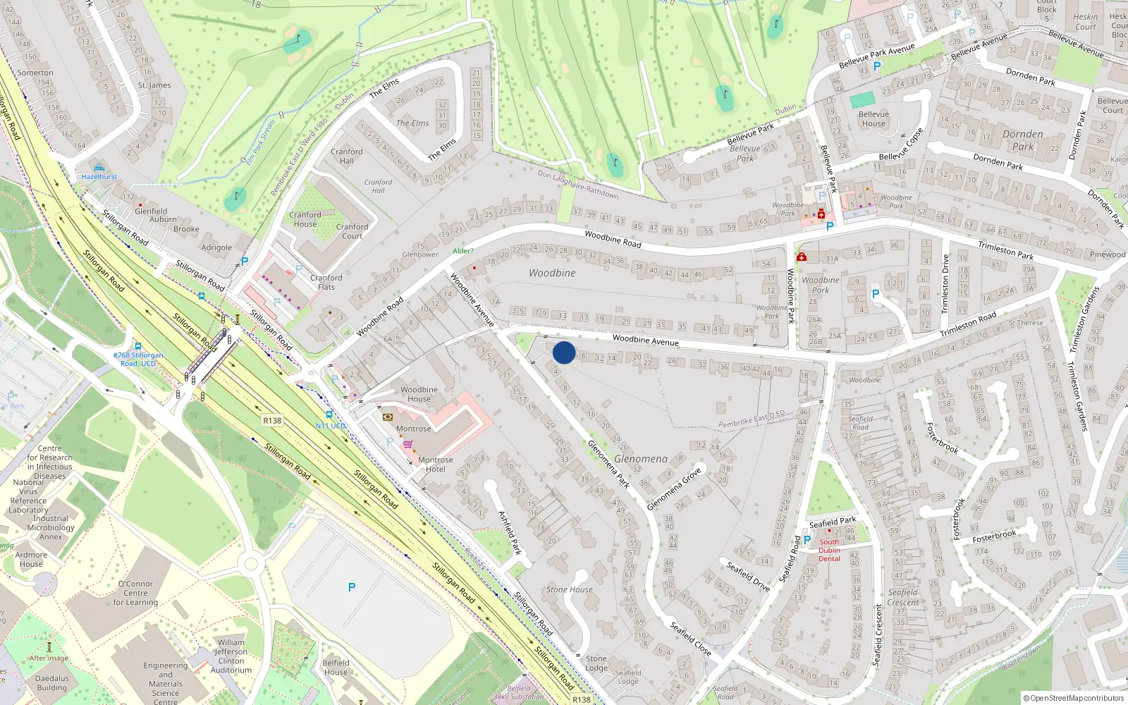 Overhead map showing the location of 4 Woodbine Avenue, Blackrock, Dublin