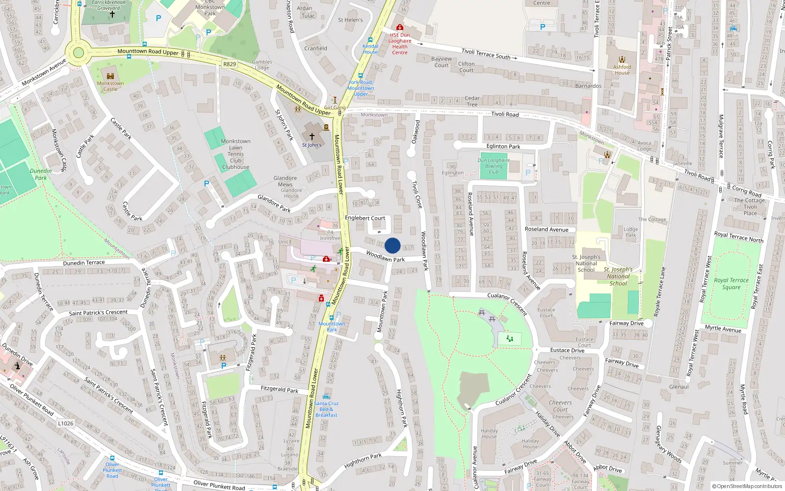 Overhead map showing the location of 4 Woodlawn Park, Dun Laoghaire