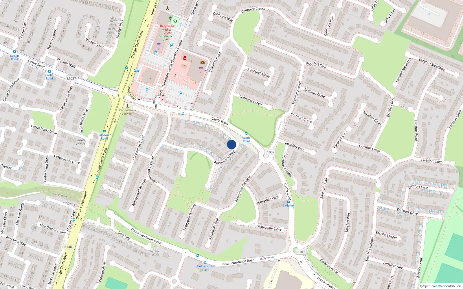 Overhead map showing the location of 40 Abbeywood Way, Lucan