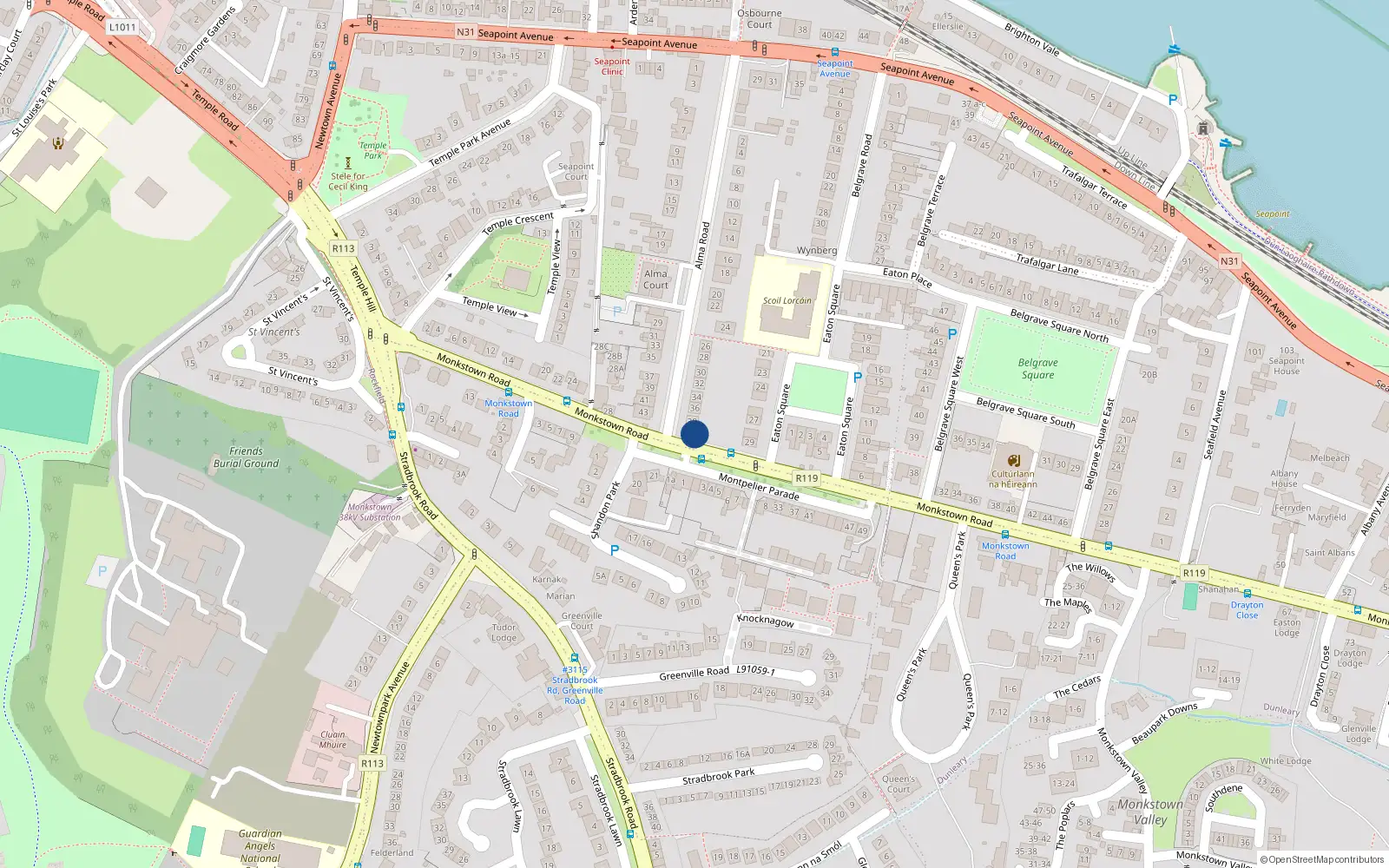Overhead map showing the location of 40 Alma Road, Monkstown