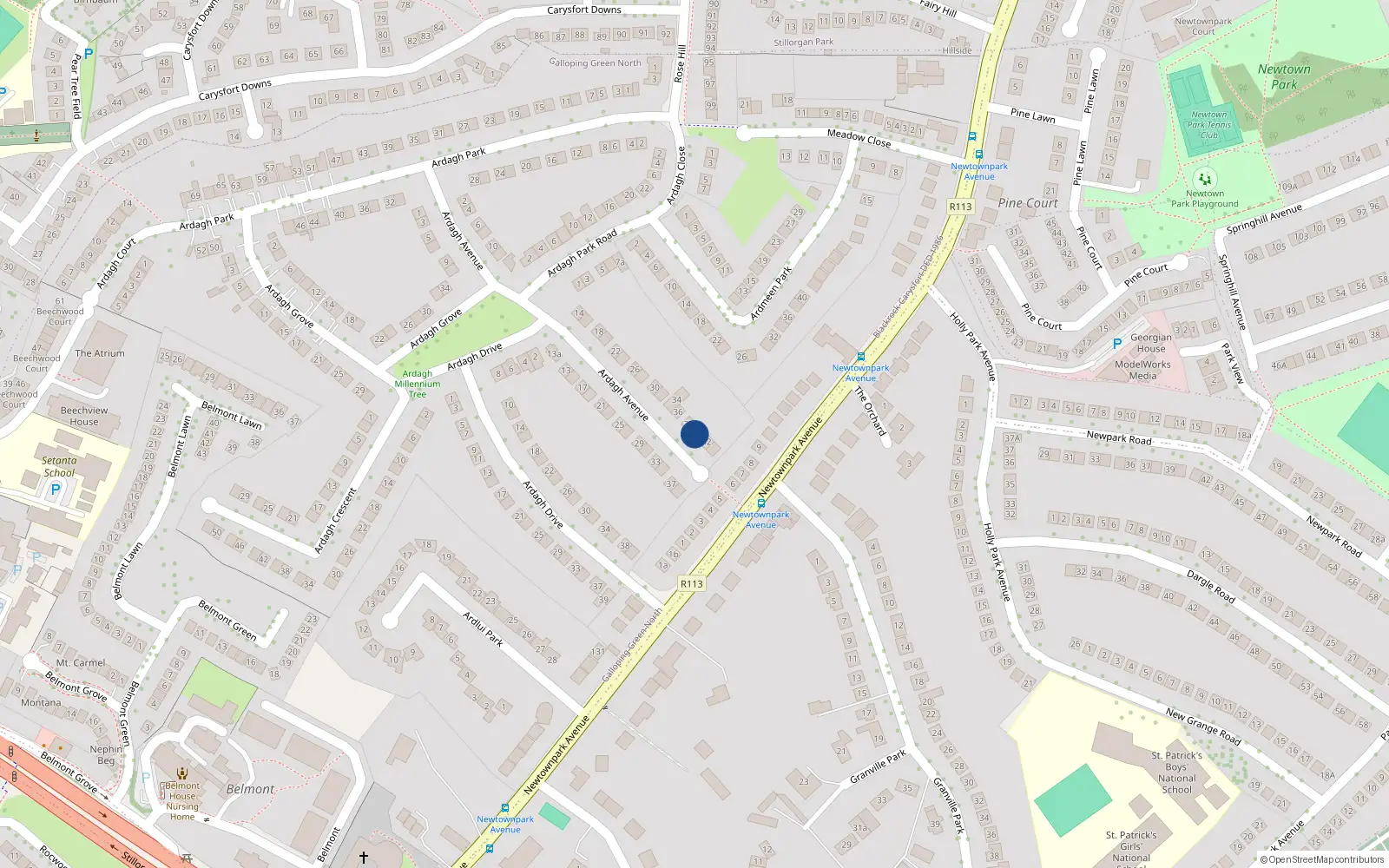 Overhead map showing the location of 40 Ardagh Avenue, Blackrock, Dublin