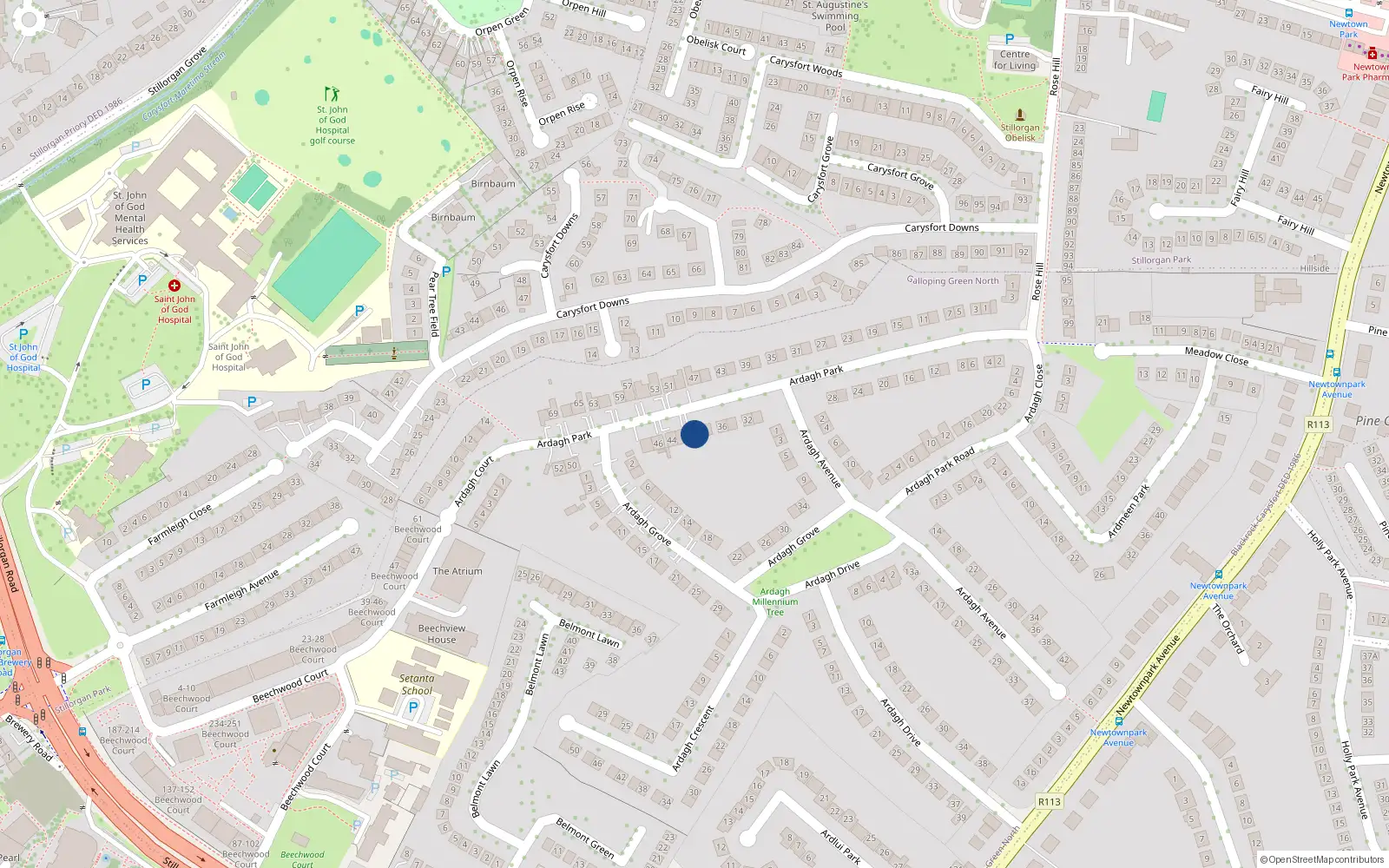 Overhead map showing the location of 40 Ardagh Park, Blackrock, Dublin