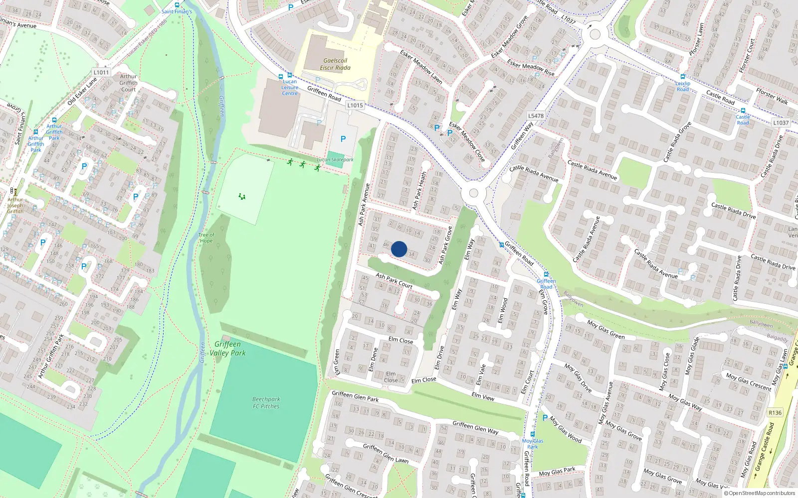 Overhead map showing the location of 40 Ash Park Grove, Lucan