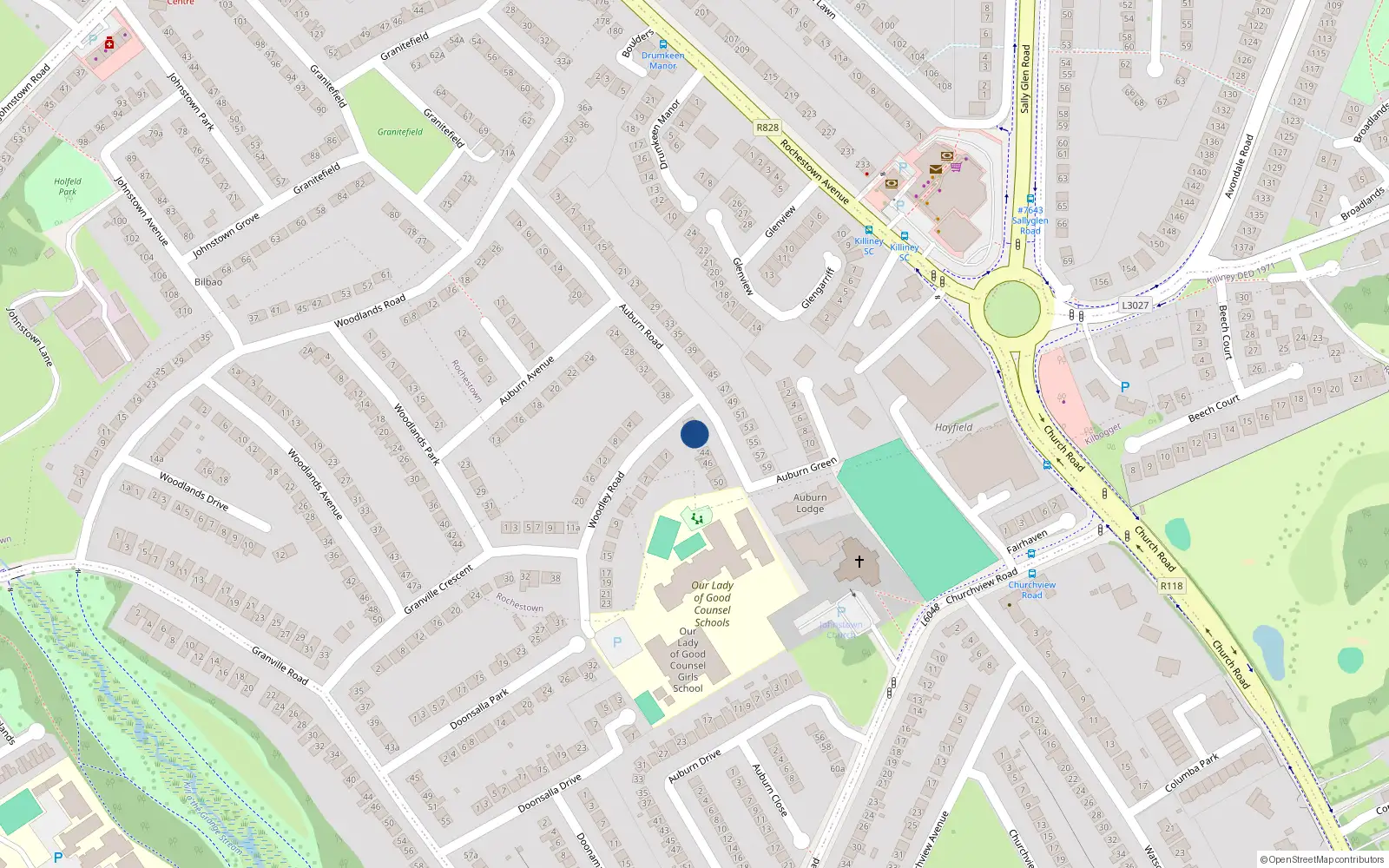 Overhead map showing the location of 40 Auburn Road, Dun Laoghaire, Dublin