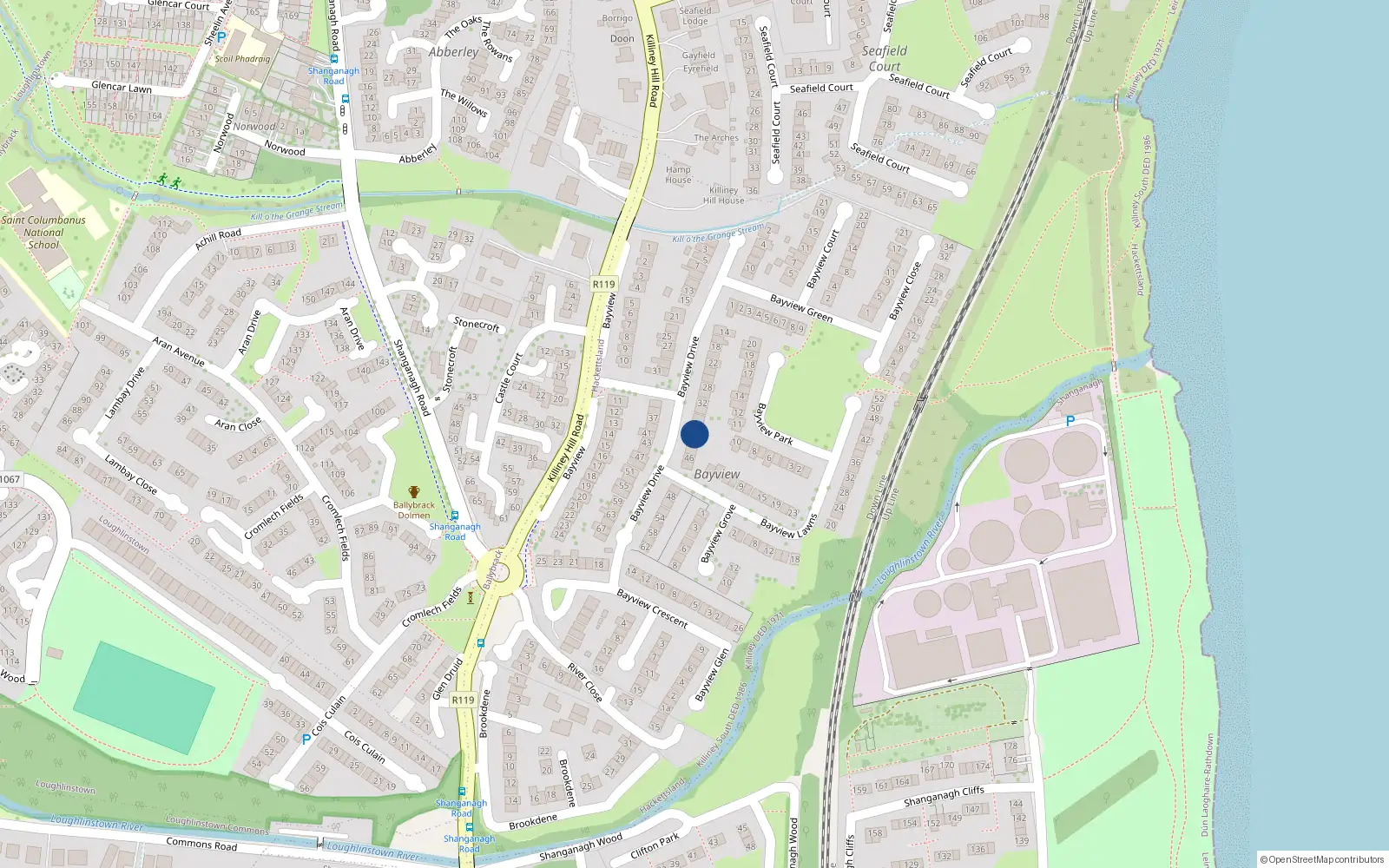 Overhead map showing the location of 40 Bayview Drive, Killiney