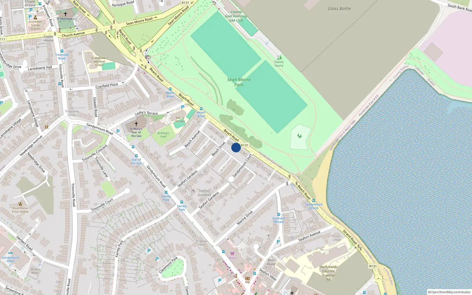 Overhead map showing the location of 40 Beach Road, Sandymount