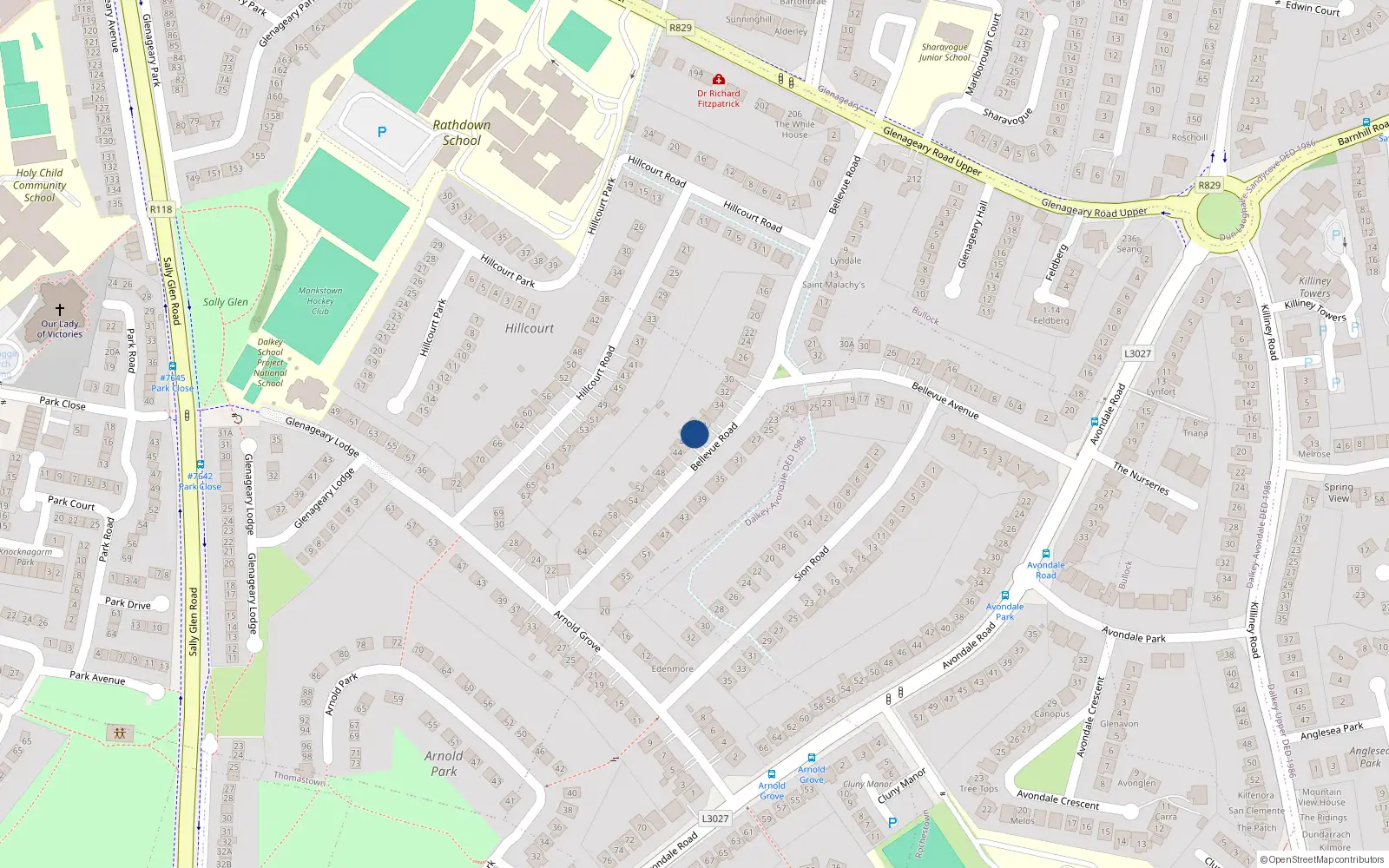 Overhead map showing the location of 40 Bellevue Road, Glenageary, Dublin