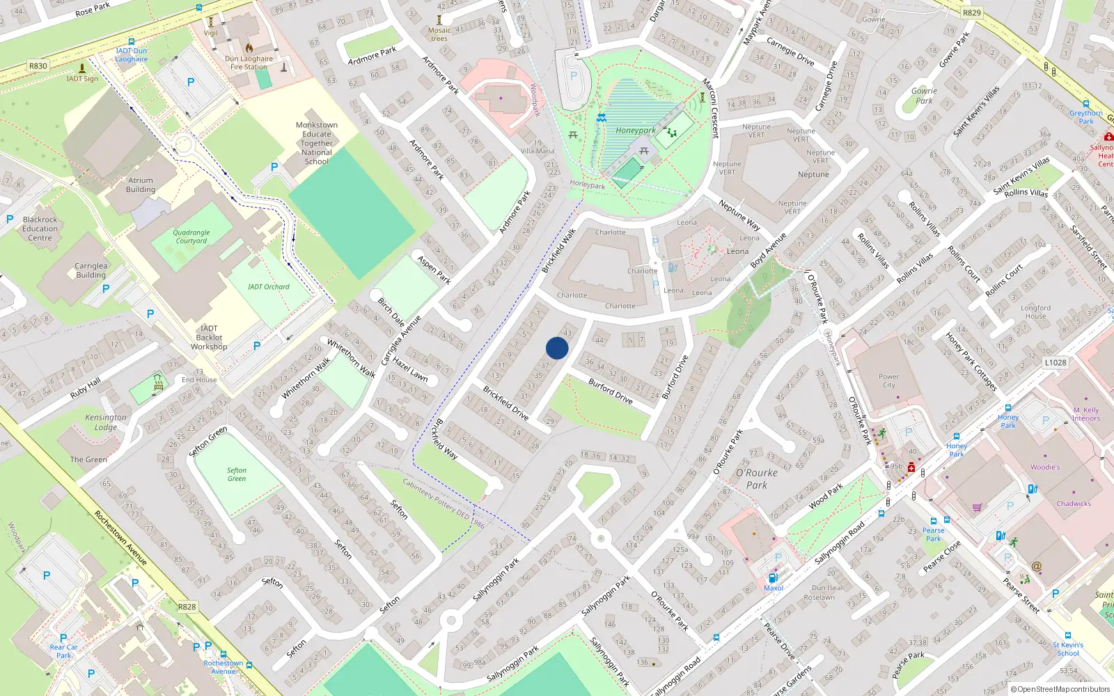 Overhead map showing the location of 40 Brickfield Drive, Dun Laoghaire