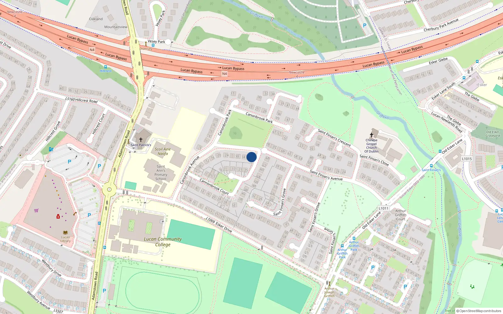 Overhead map showing the location of 40 Cannonbrook Court, Lucan, County Dublin