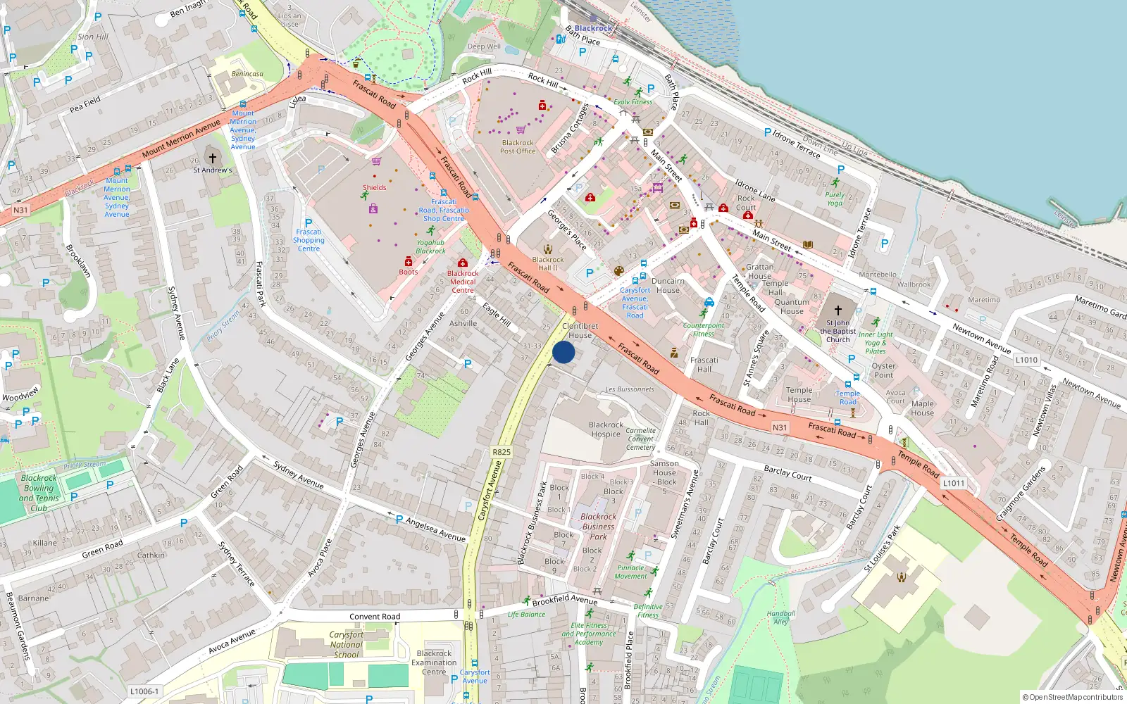 Overhead map showing the location of 40 Carysfort Avenue, Blackrock