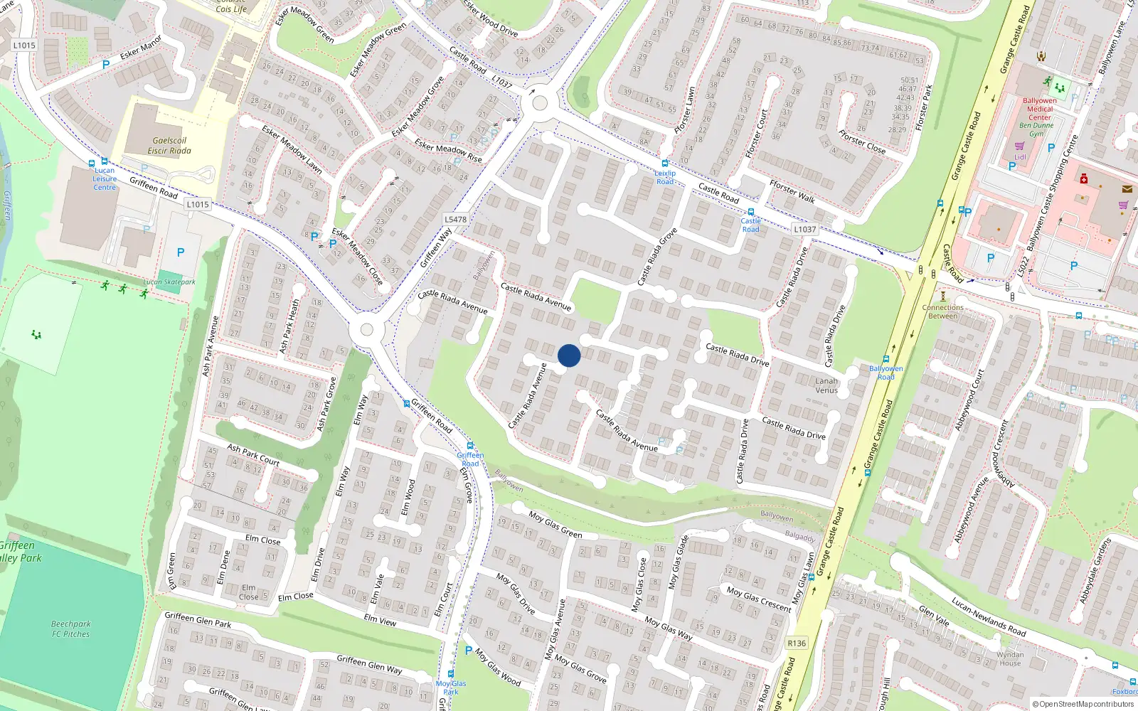 Overhead map showing the location of 40 Castle Riada Avenue, Lucan