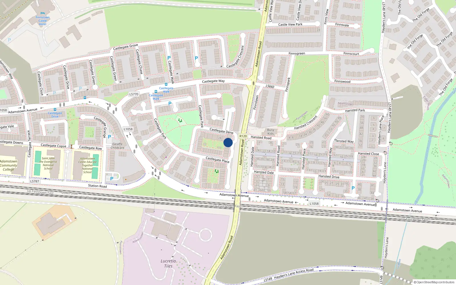 Overhead map showing the location of 40 Castlegate Dene, Adamscastle, Adamstown