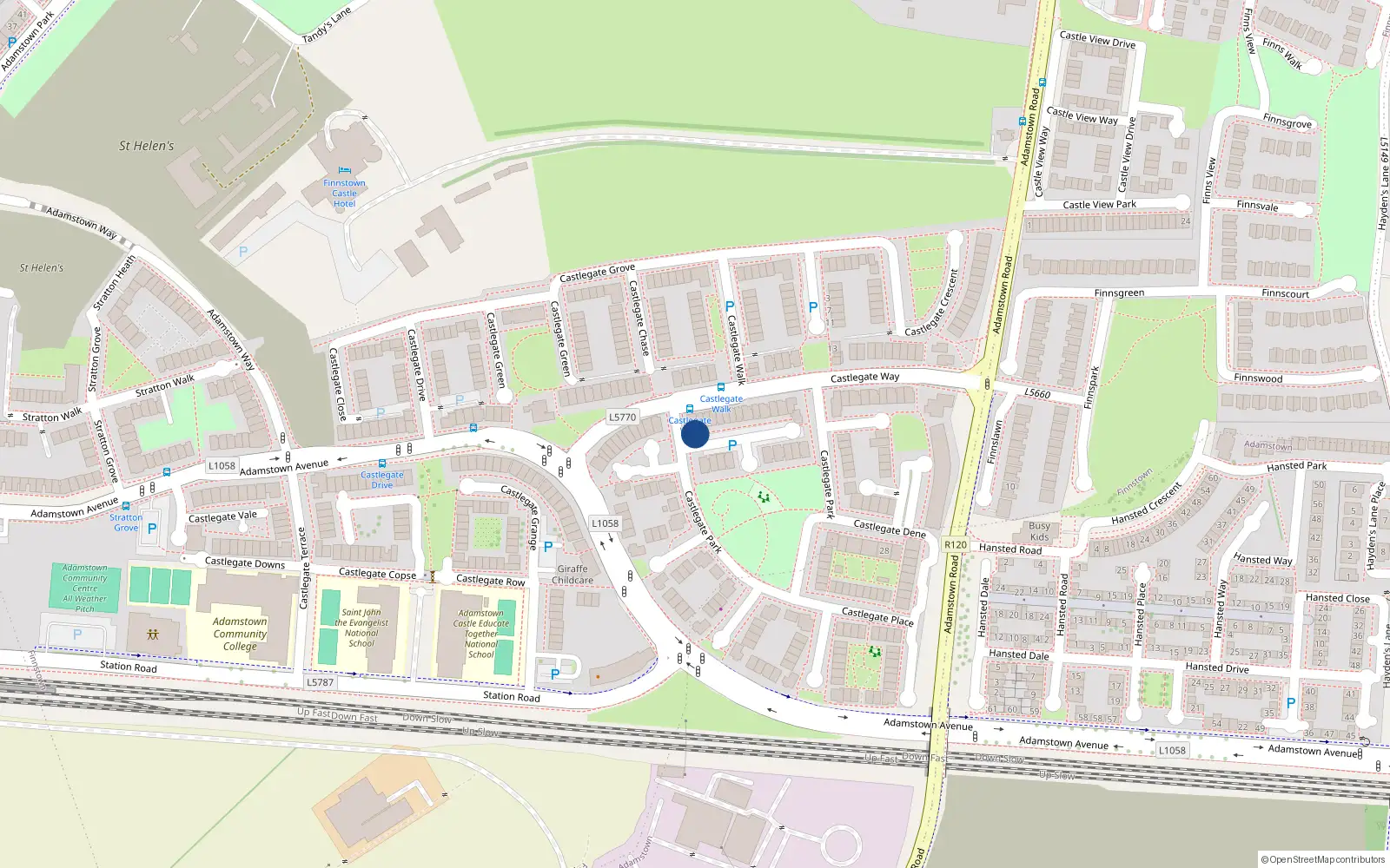 Overhead map showing the location of 40 Castlegate Park, Adamstown, Lucan