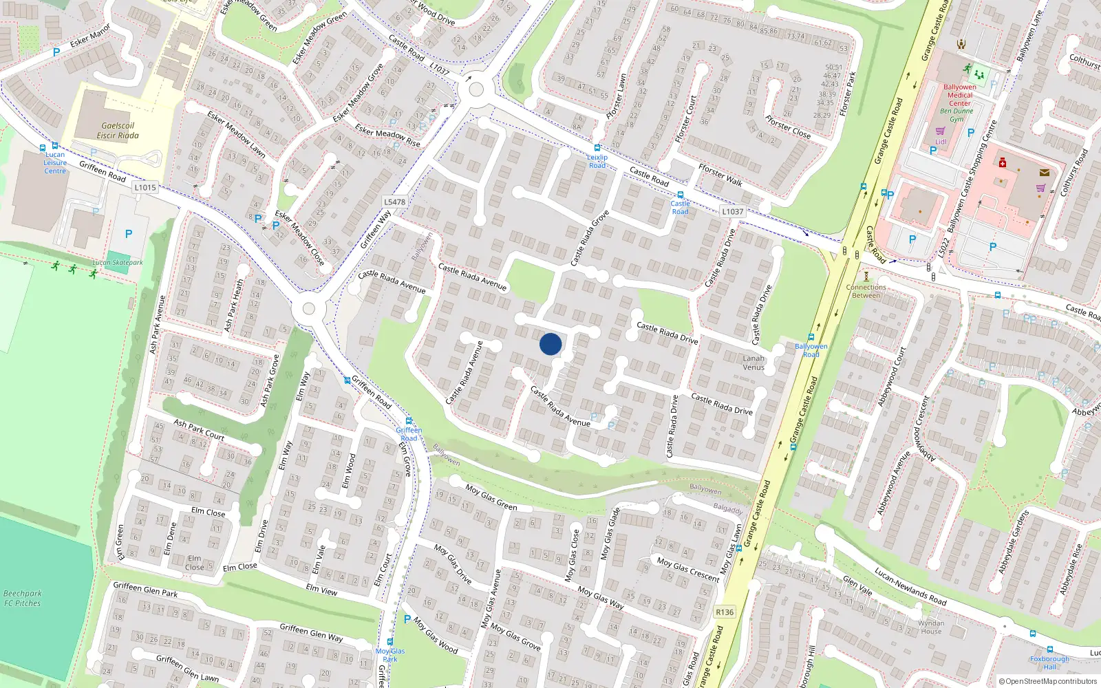 Overhead map showing the location of 40 Castleriada Grove, Lucan, Dublin