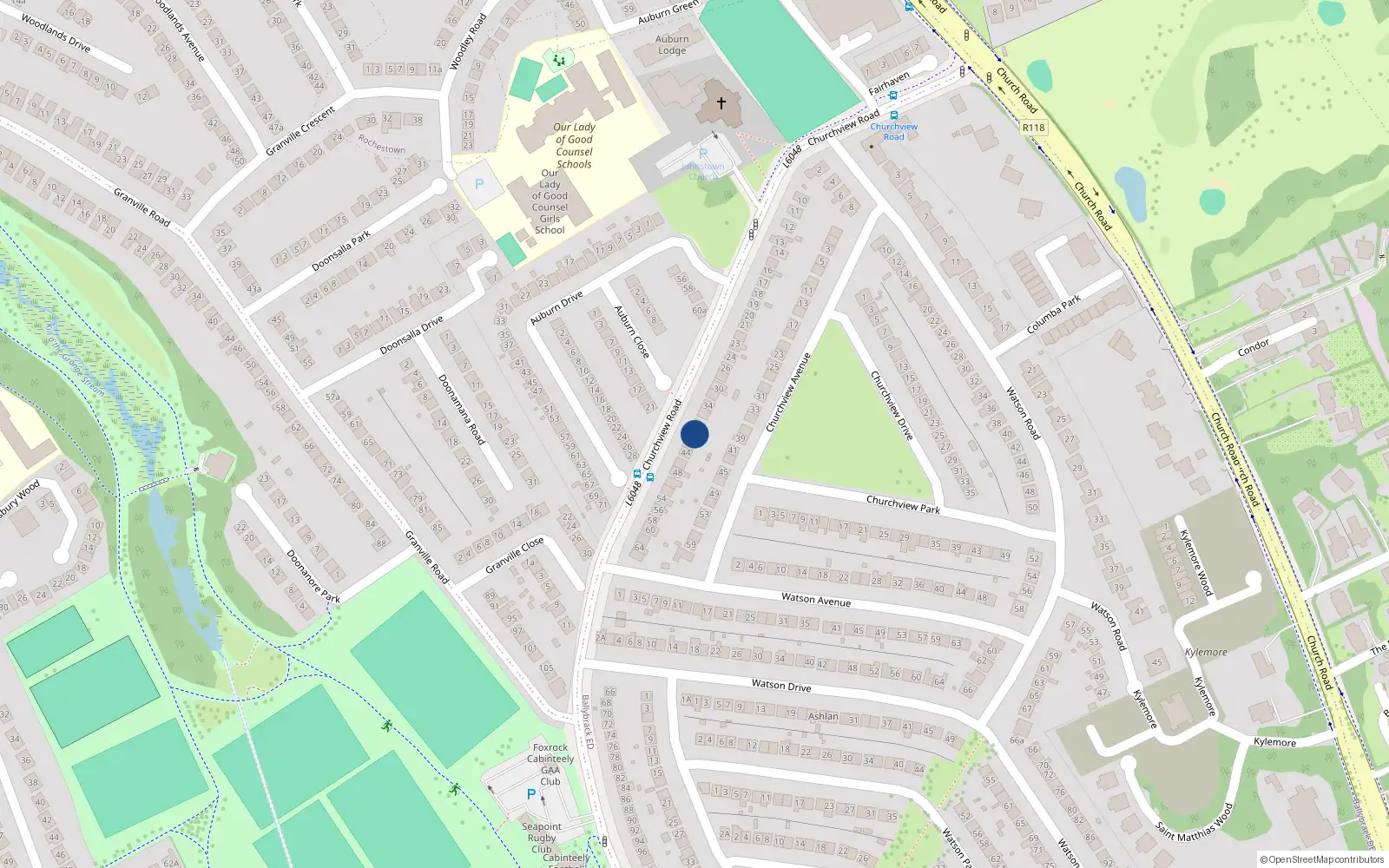 Overhead map showing the location of 40 Churchview Road, Killiney, Co. Dublin