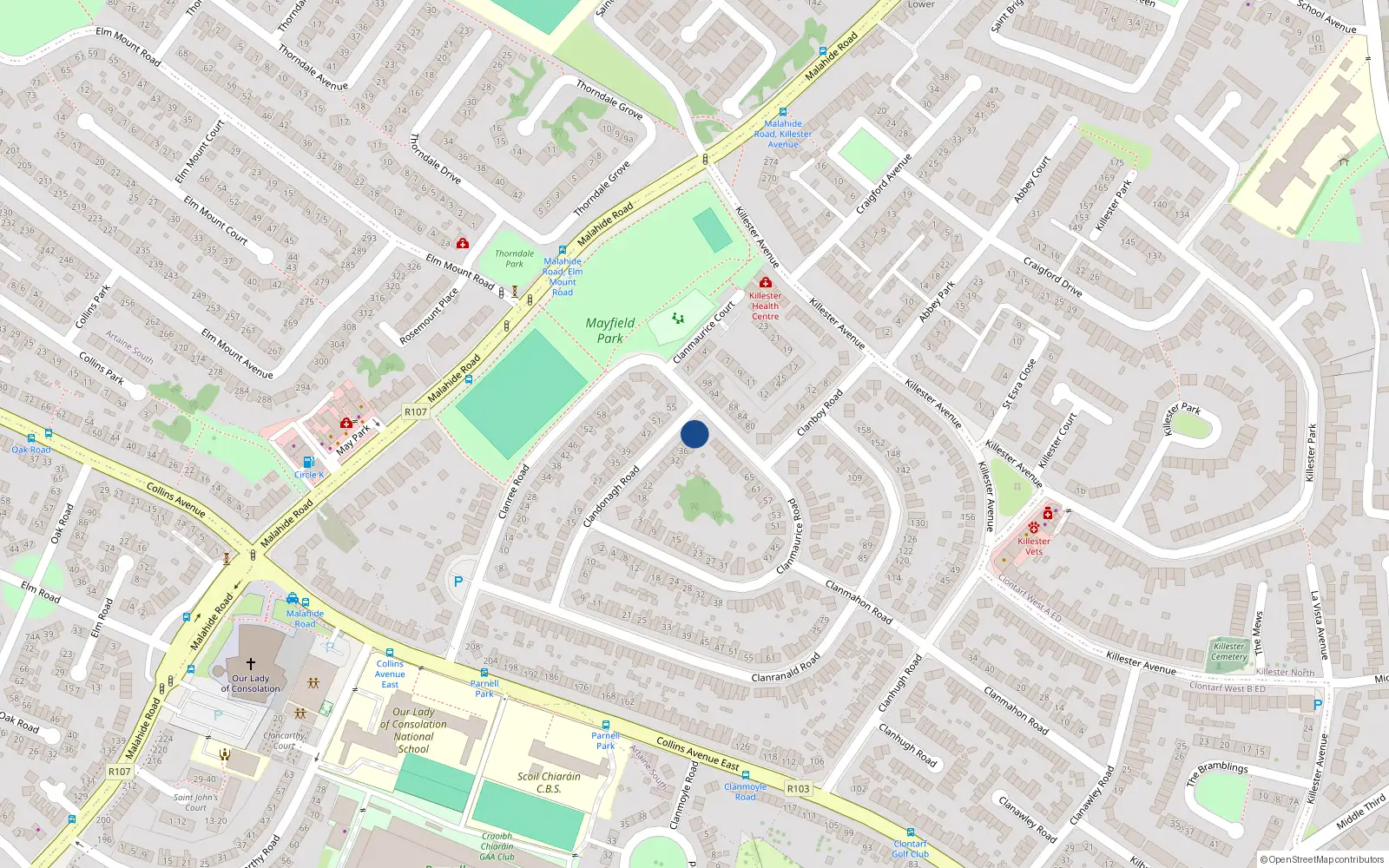 Overhead map showing the location of 40 Clandonagh Road, Donnycarney, Dublin 5