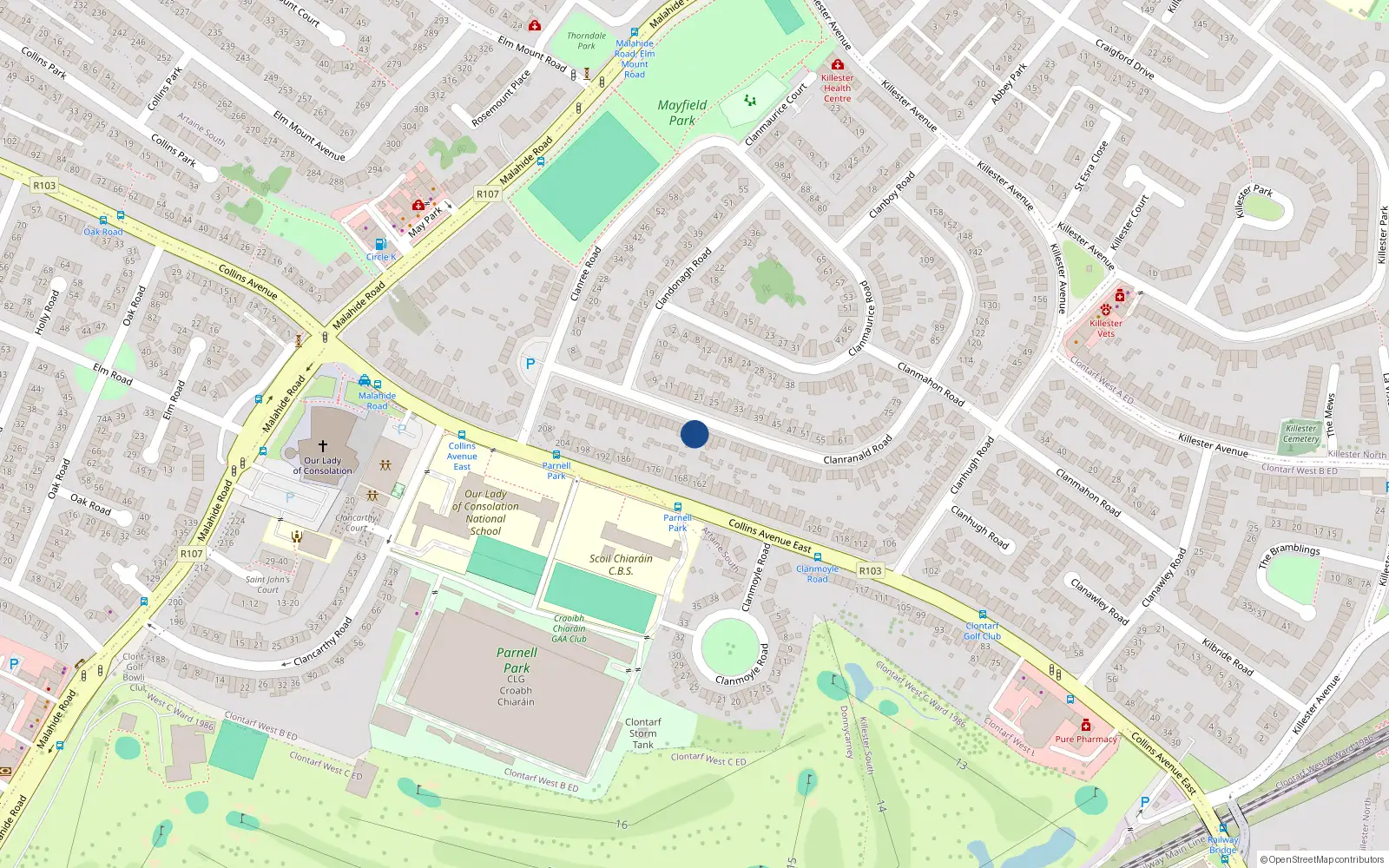Overhead map showing the location of 40 Clanranold Road, Donnycarney, Dublin 5