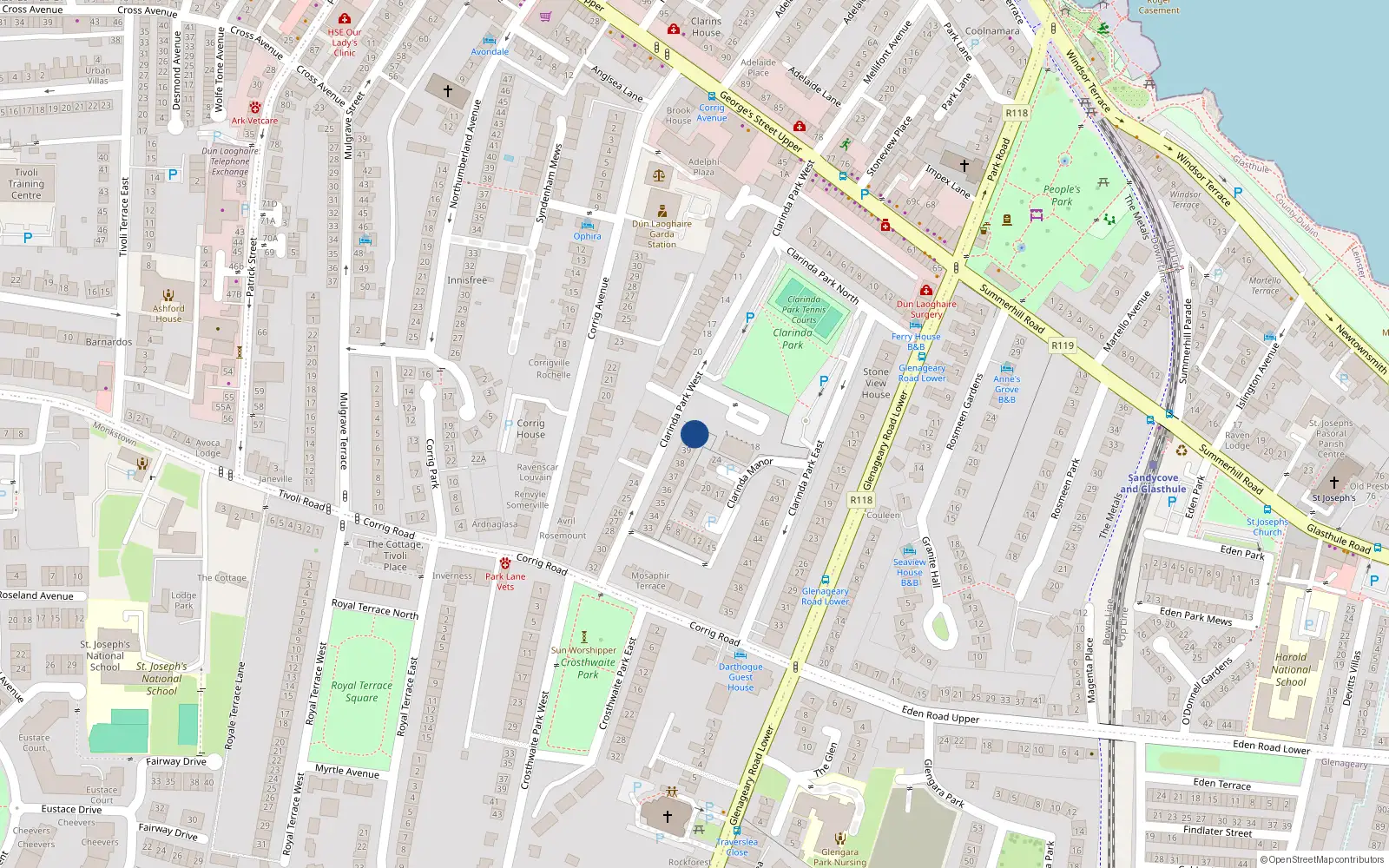 Overhead map showing the location of 40 Clarinda Park West, County Dublin