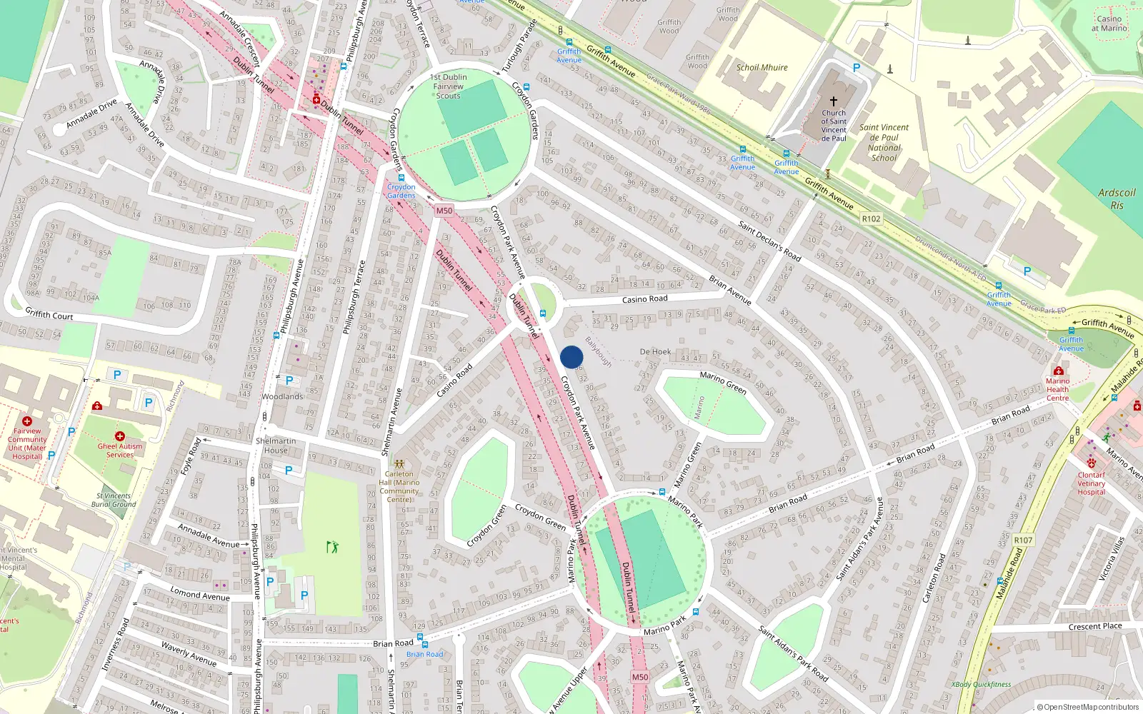 Overhead map showing the location of 40 Croydon Park Avenue, Marino, Dublin 3