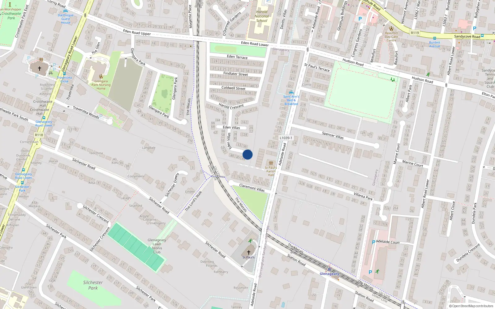 Overhead map showing the location of 40 Eden Villas, Glasthule, Dublin