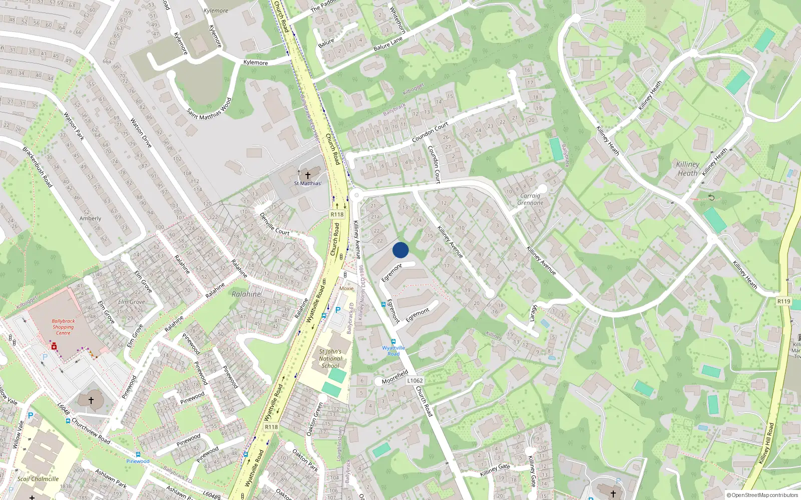 Overhead map showing the location of 40 Egremont, Church Road, Killiney