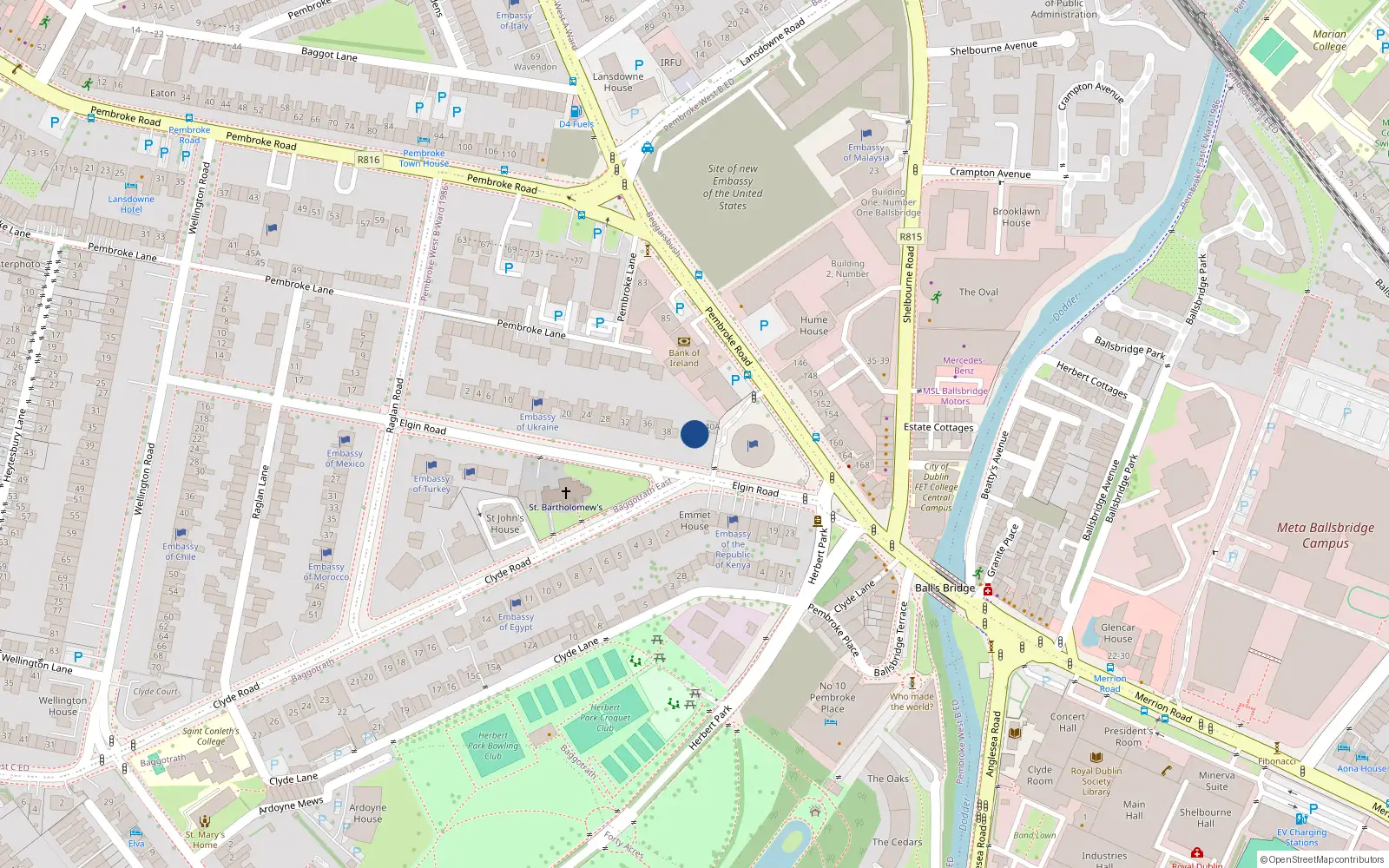 Overhead map showing the location of 40 Elgin Road, Dublin 4