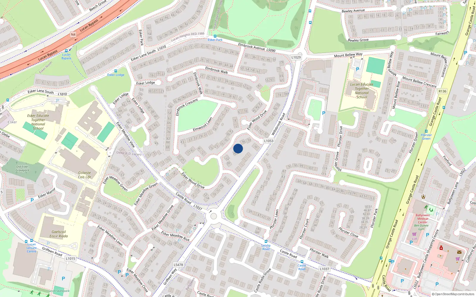 Overhead map showing the location of 40 Esker Wood Drive, Lucan