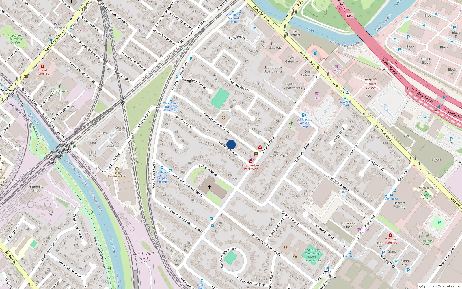 Overhead map showing the location of 40 Fairfield Avenue, East Wall, Dublin 3