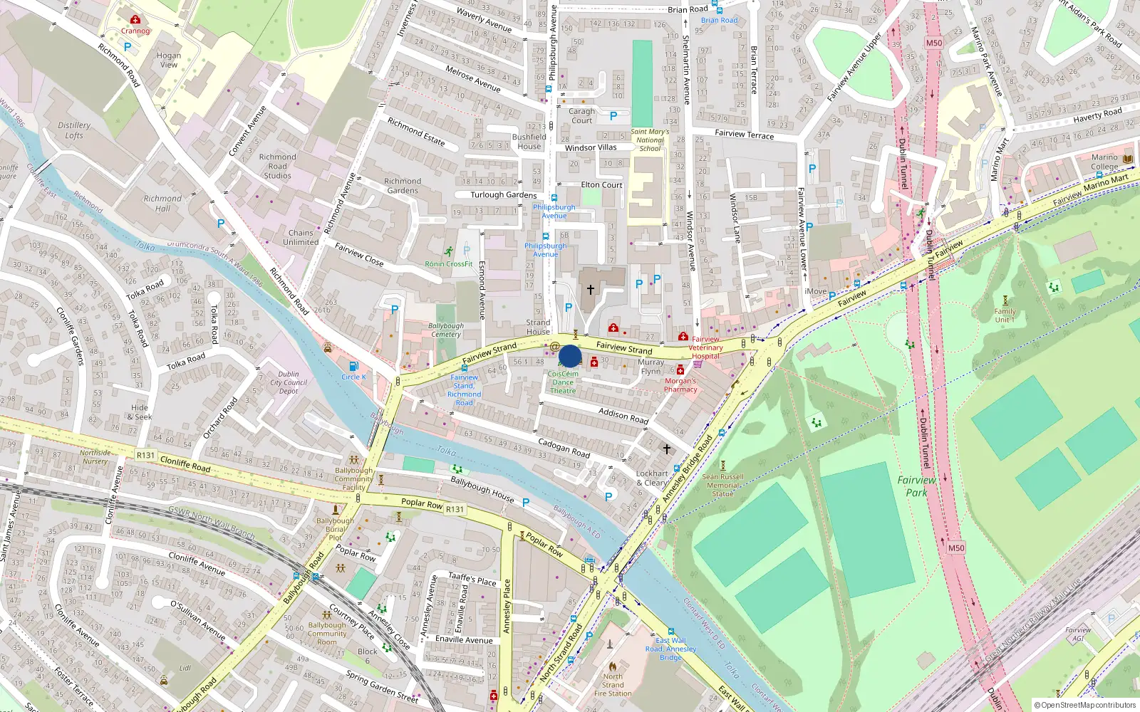 Overhead map showing the location of 40 Fairview Strand (multi-Unit), Fairview, Dublin 3, D03 K226