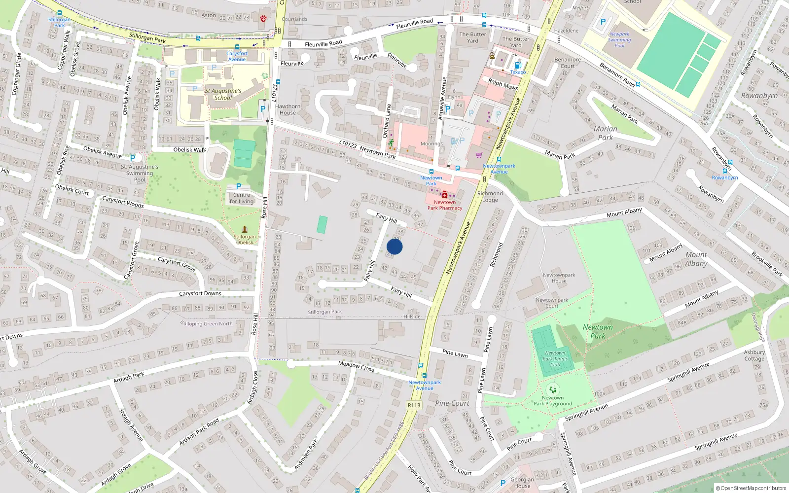 Overhead map showing the location of 40 Fairyhill, Blackrock
