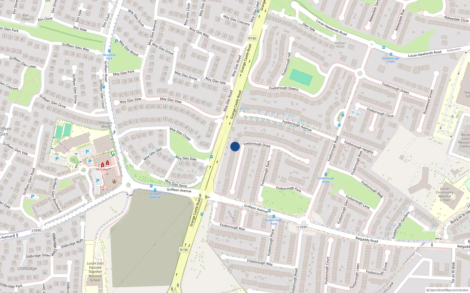 Overhead map showing the location of 40 Foxborough Drive, Lucan, Dublin