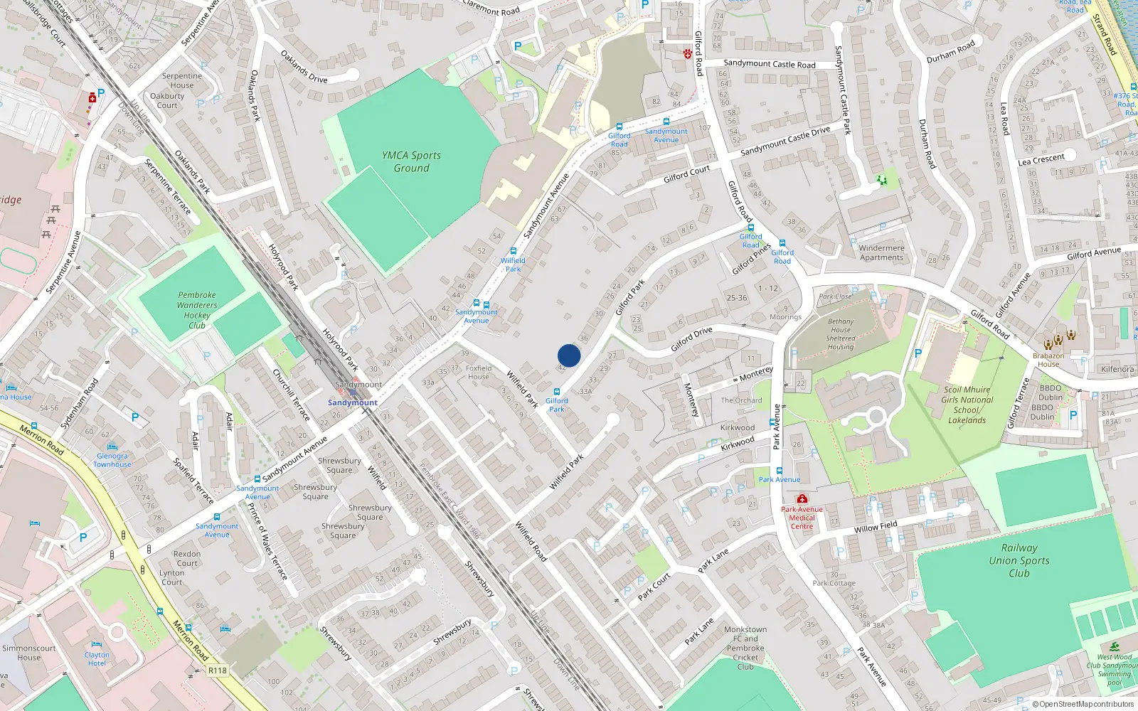 Overhead map showing the location of 40 Gilford Park, Sandymount