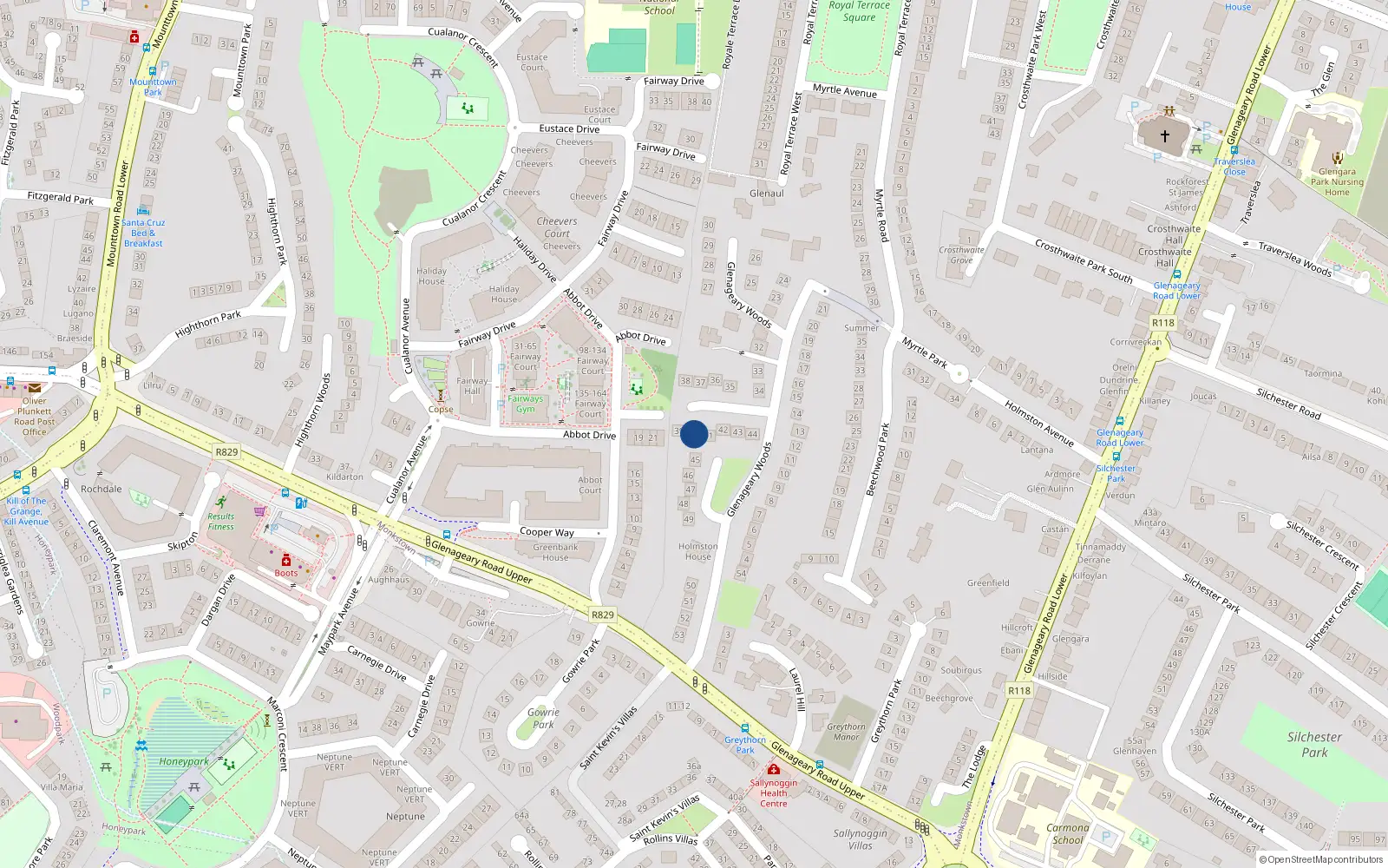 Overhead map showing the location of 40 Glenageary Woods, Dun Laoghaire