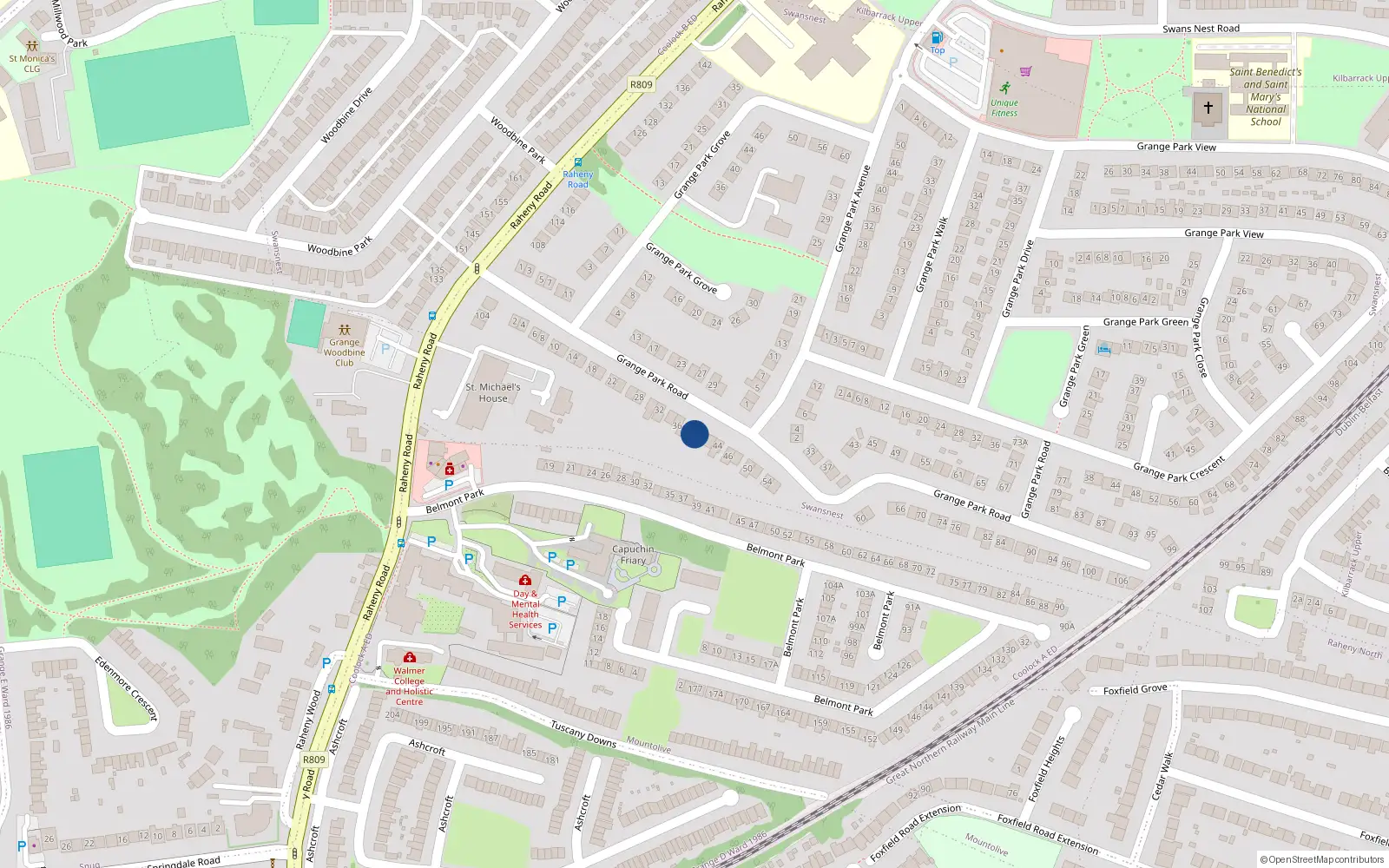 Overhead map showing the location of 40 Grange Park Road, Raheny, Dublin 5