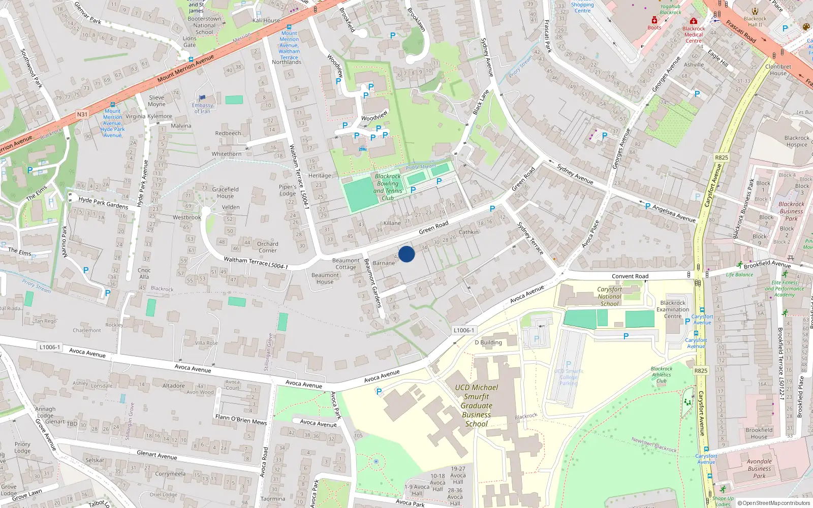 Overhead map showing the location of 40 Green Road, Blackrock