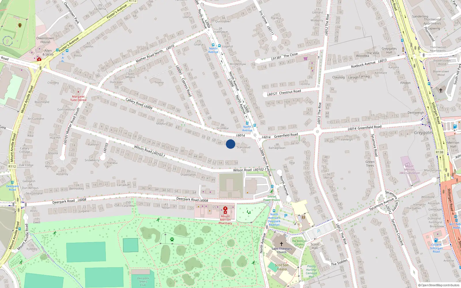 Overhead map showing the location of 40 Greenfield Road, Blackrock