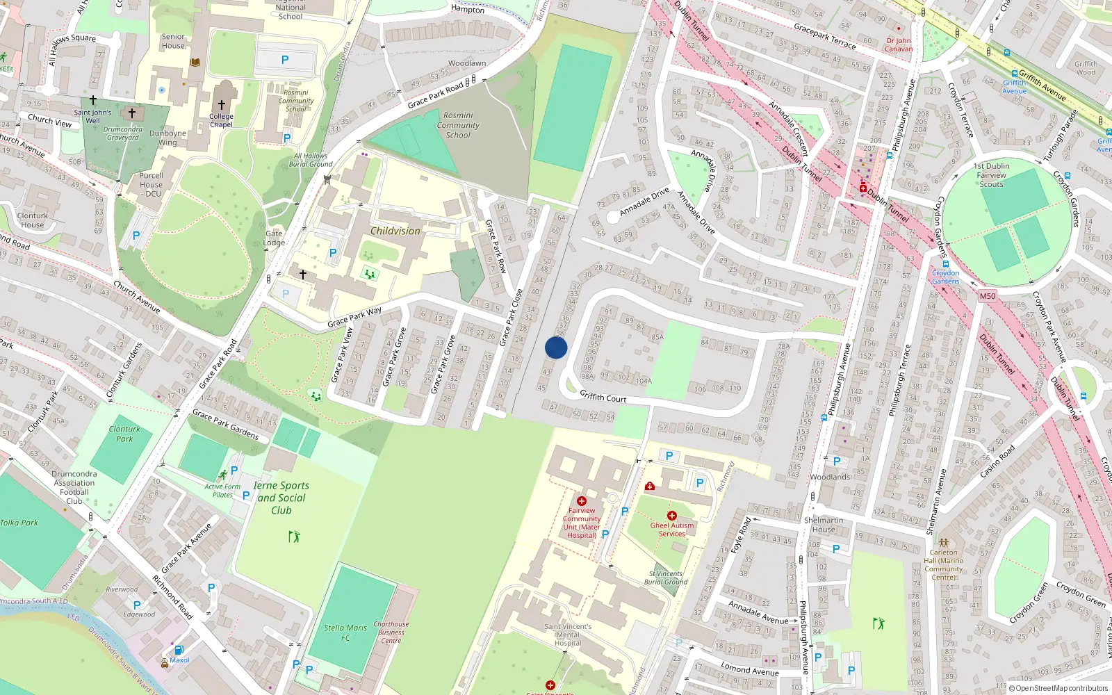 Overhead map showing the location of 40 Griffith Court, Dublin 3