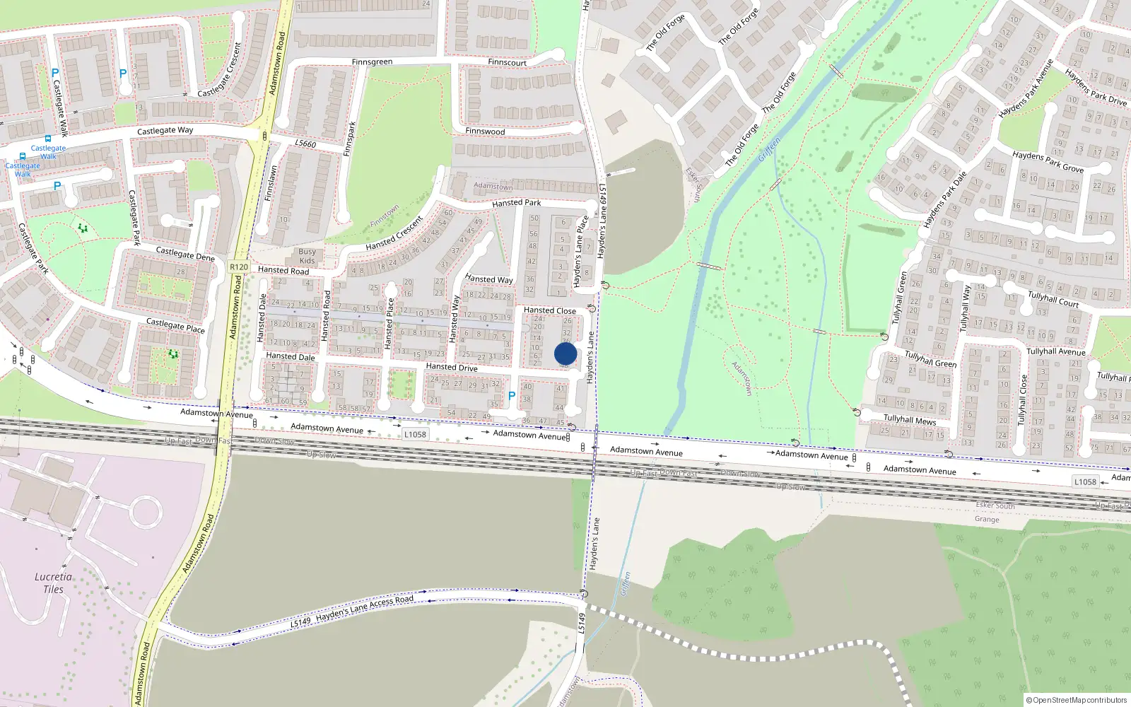 Overhead map showing the location of 40 Hansted Close, Lucan