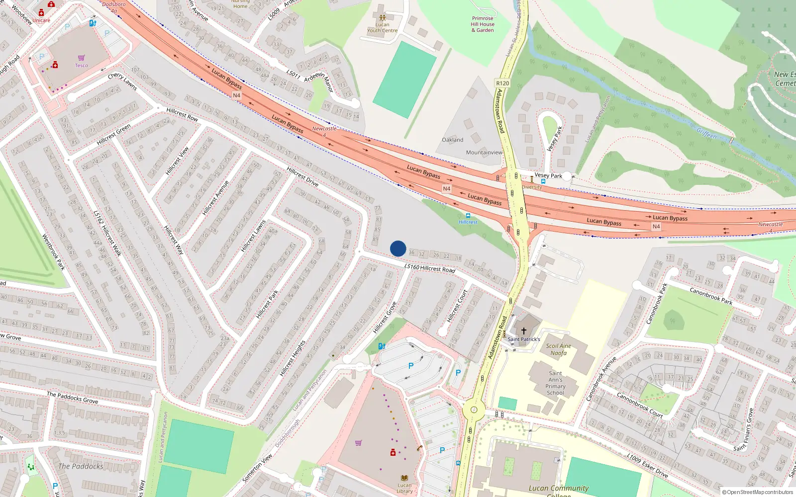 Overhead map showing the location of 40 Hilcrest Road, Lucan, Co Dublin